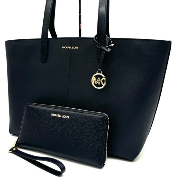 Michael Kors Medium Jet Set Travel Zip Tote Bag & Continental Wallet Black/Gold - Picture 1 of 13